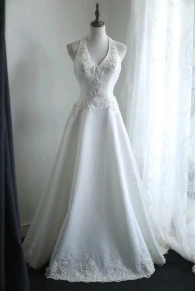 Vestidos de novia vintage cuello halter satinado cuentas años 60 con lazo vestidos de novia Foto 2 de 4