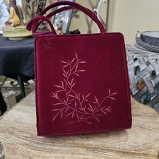 Vtg Burgundy Velvet Embroidered Purse Handbag Retro Boho