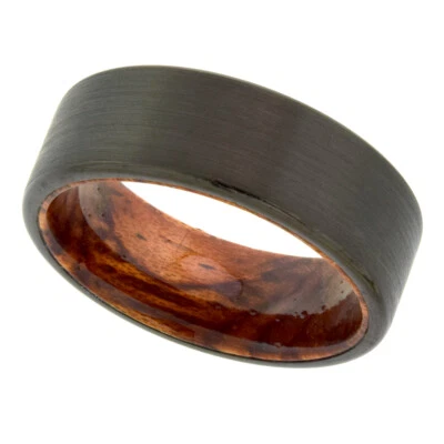 8mm Rohr Schnitt Innere Holz Wolfram Hochzeit Ring, Gebürstet Schwarzes Finish, - Bild 1 von 2