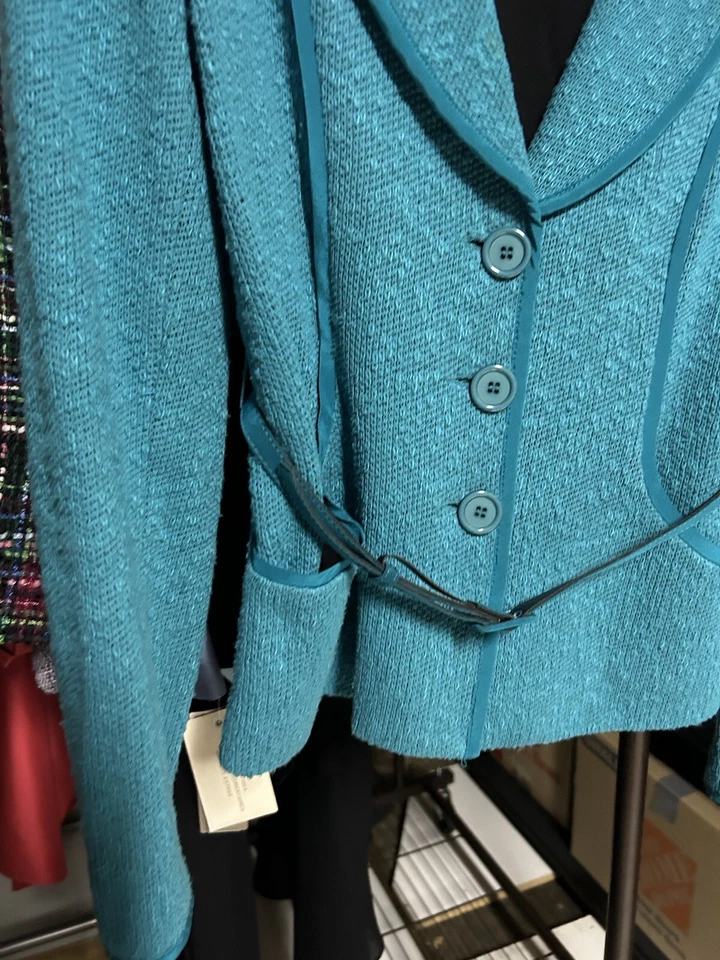 Nanette Lapore 女式西装外套 M 码蓝绿色 3 按钮带皮革腰带职业办公室 — 第 3/4 张图片