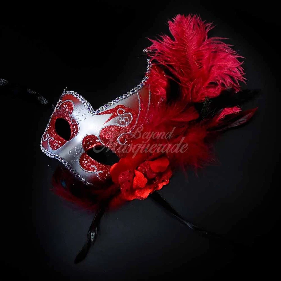 Silver/Red Feather Swan Masquerade Mask Ball Mask Mardi Gras Mask Women Mask  - Image 4 of 4