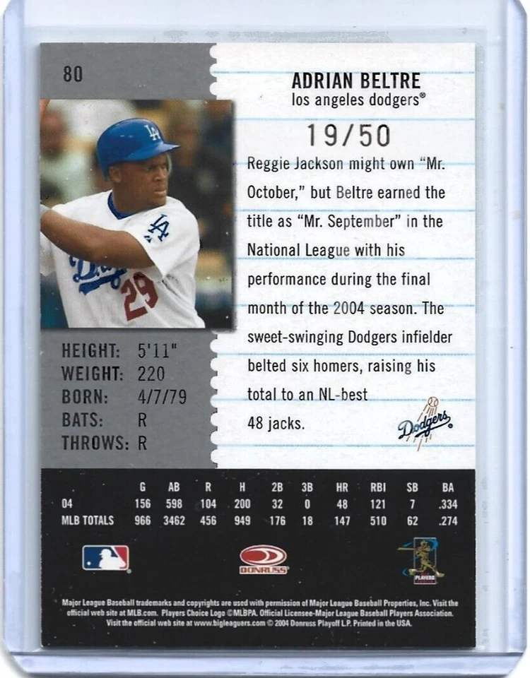 Adrián Beltré 2005 Hoja Siglo Colección Postales Marcas Oro #80 (#d 19/50) Foto 2 de 2