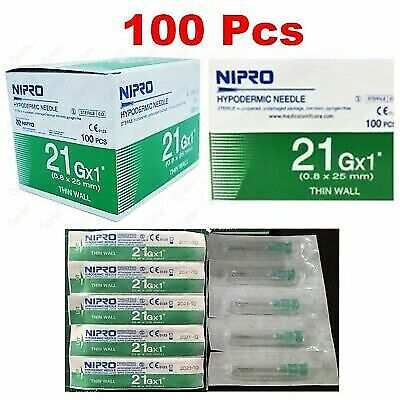 Nipro Hypodermic Needle 21G X 1&#034; (0,8 x 25 mm.) Thin Wall Box 100pcs