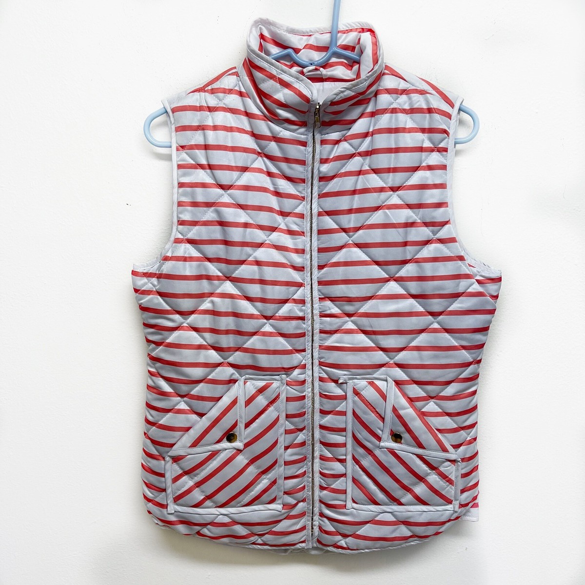 Tea N Rose Womens Preppy Coral And White Stripe Puffer Vest Size