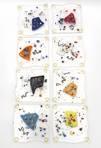 8 POST MODERN MEMPHIS MILANO STYLE FUSED ART GLASS COASTERS ABSTRACT DESIGN
