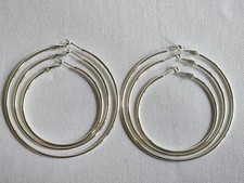 SET of 3 PAIRS-925 Silver Hoop Earrings 2mm Thick, 55/60/70 mm Rhodium Plated