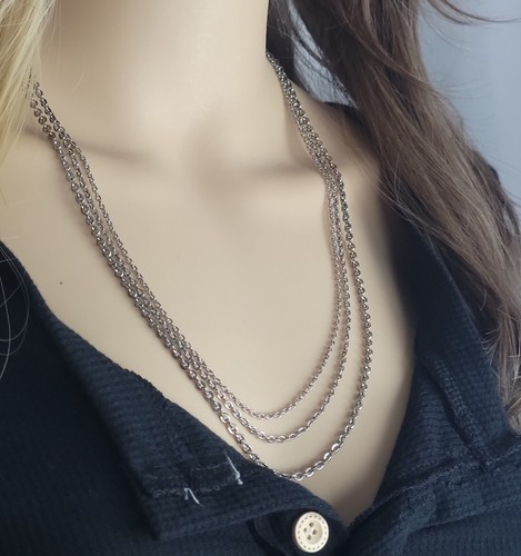 Silver Tone Chain Layered Cable Chain Multi Strand Necklace 21" Made USA