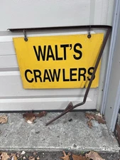 Vintage Walts Crawlers Worms bait Gas Oil Store sign Double Sided Bracket Fish