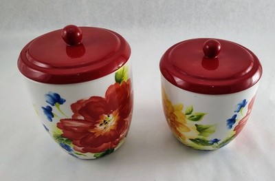 (2) Pier One Medium & Small Ceramic Canisters Jars RETIRED Amelia Pattern *READ*