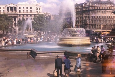 c1960's Kodachrome 35mm Slide, Trafalgar Square Fountain London England Crowd