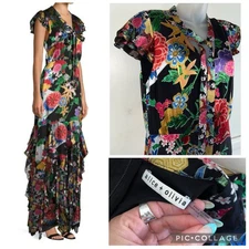 💕 $895 ALICE & OLIVIA Laurette Silk Blend Ruffle Floral MAXI DRESS Size 6 LKNU