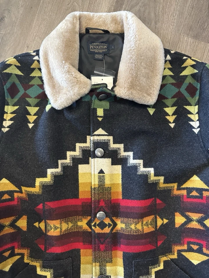 Pendleton Brownsville Wool Coat Shearling Collar Four Corners Black Sz Large NEW - Image 3 of 4