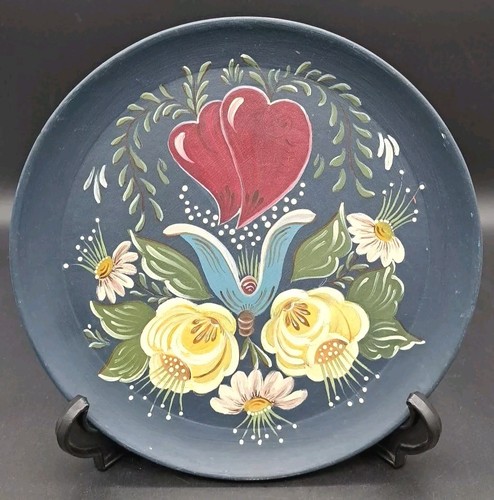 Vintage OOAK Handpainted Norwegian Rosemaling Folk Style Wooden Plate Blue 9"