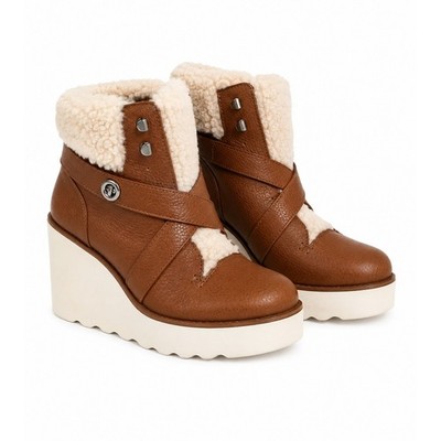 Coach Kenna Leather Shearling Wedge Booties Brown Size 8B