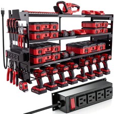 600LB Power Tool Organizer Wall Mounted for Cordless 8 Drill Storage w/ 4-Outlet