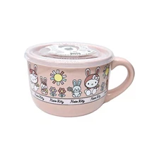 Hello Kitty Peach Pink Ceramic Soup Mug with Lid 24oz With Pressure Release Lid