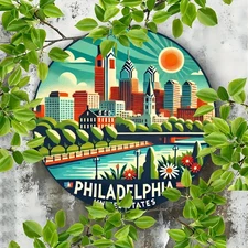 1pc Vintage Philadelphia Cityscape Metal Wall Art Sign - 7.87-Inch Round Aluminu