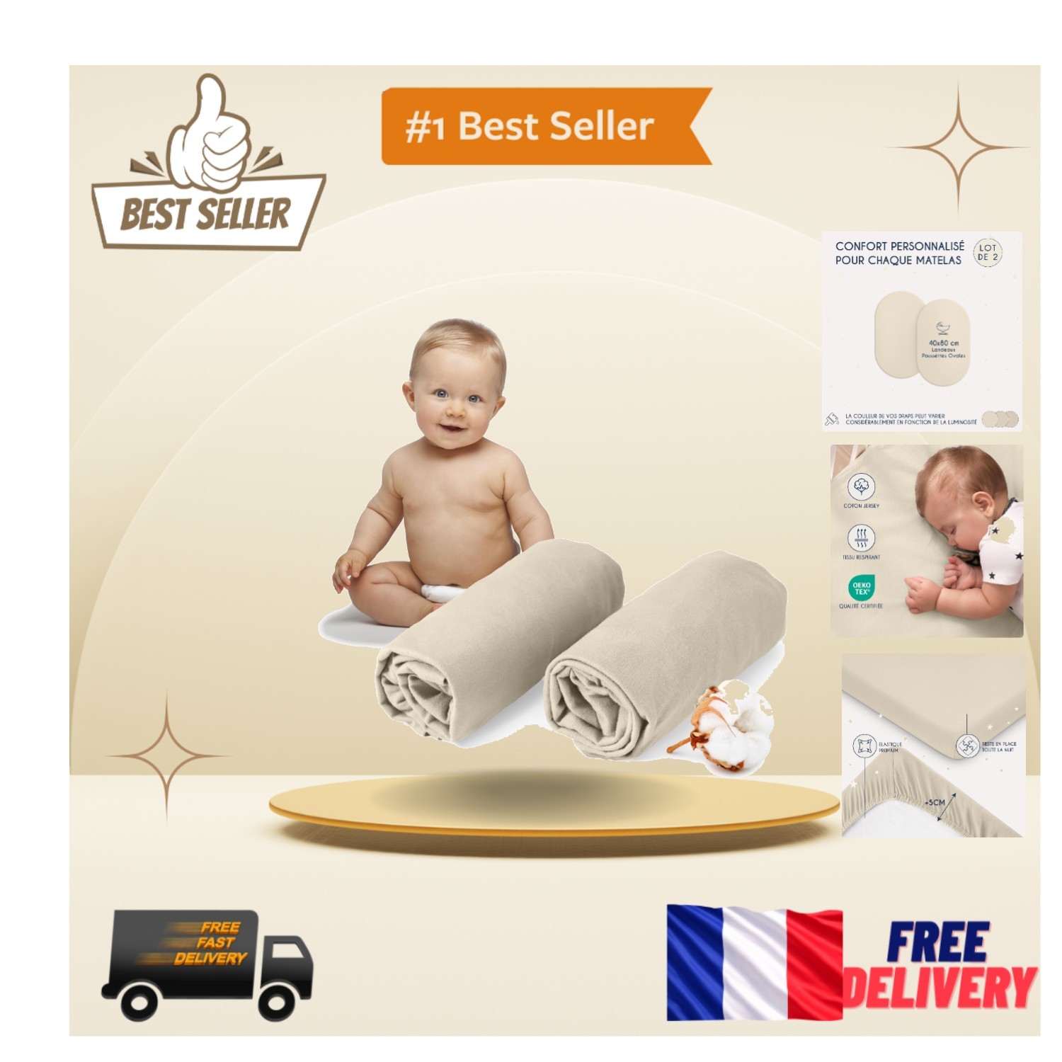 Drap housse enfant beige pour berceau et couffin en coton doux 80x40 cm