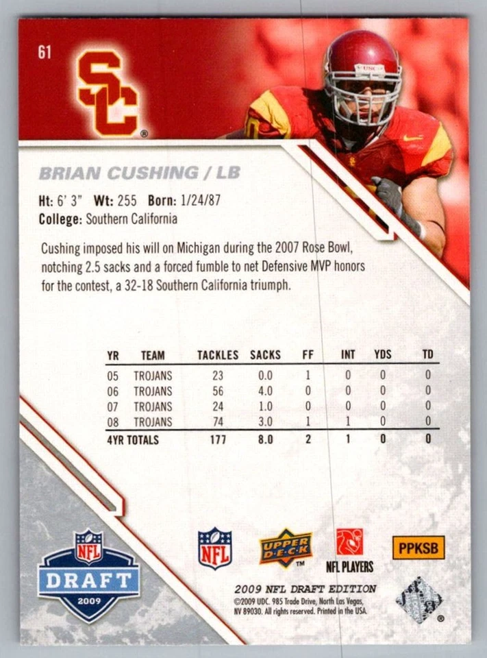 2009 Upper Deck Draft Edition Brian Cushing Rookie USC Trojans #61 - Image 2 of 2
