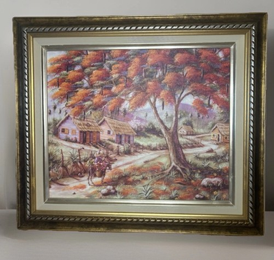 #ad Vintage Folk Art Painting On Canvas 13.5” x 14” $59.00