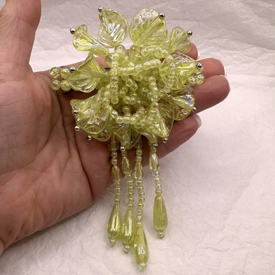 Vtg 80s Hair Clip Beaded Faux Pearl Dangle Green Luster Flower Barrette Wedding - Image 4 of 4