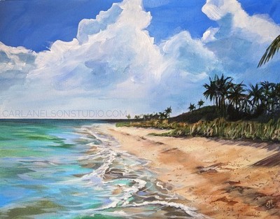 Tropical Seascape Beach Original Painting with Palm Trees. Hand-Painted OOAK 14''