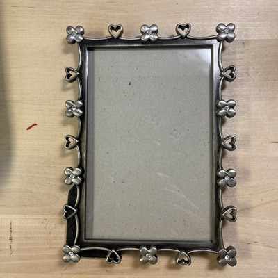 Elsa Inc. Silver Black Metal 4x6 Picture Frame Glass Lens Hearts Flowers & Gems