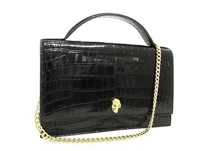 Alexander McQueen Handbag Shoulder Bag 2Way Croc Embossed Leather Skull Black