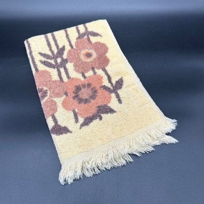 Vintage Floral Hand Towel Dundee 1970s Flower Power Brown Tan Orange Fringe