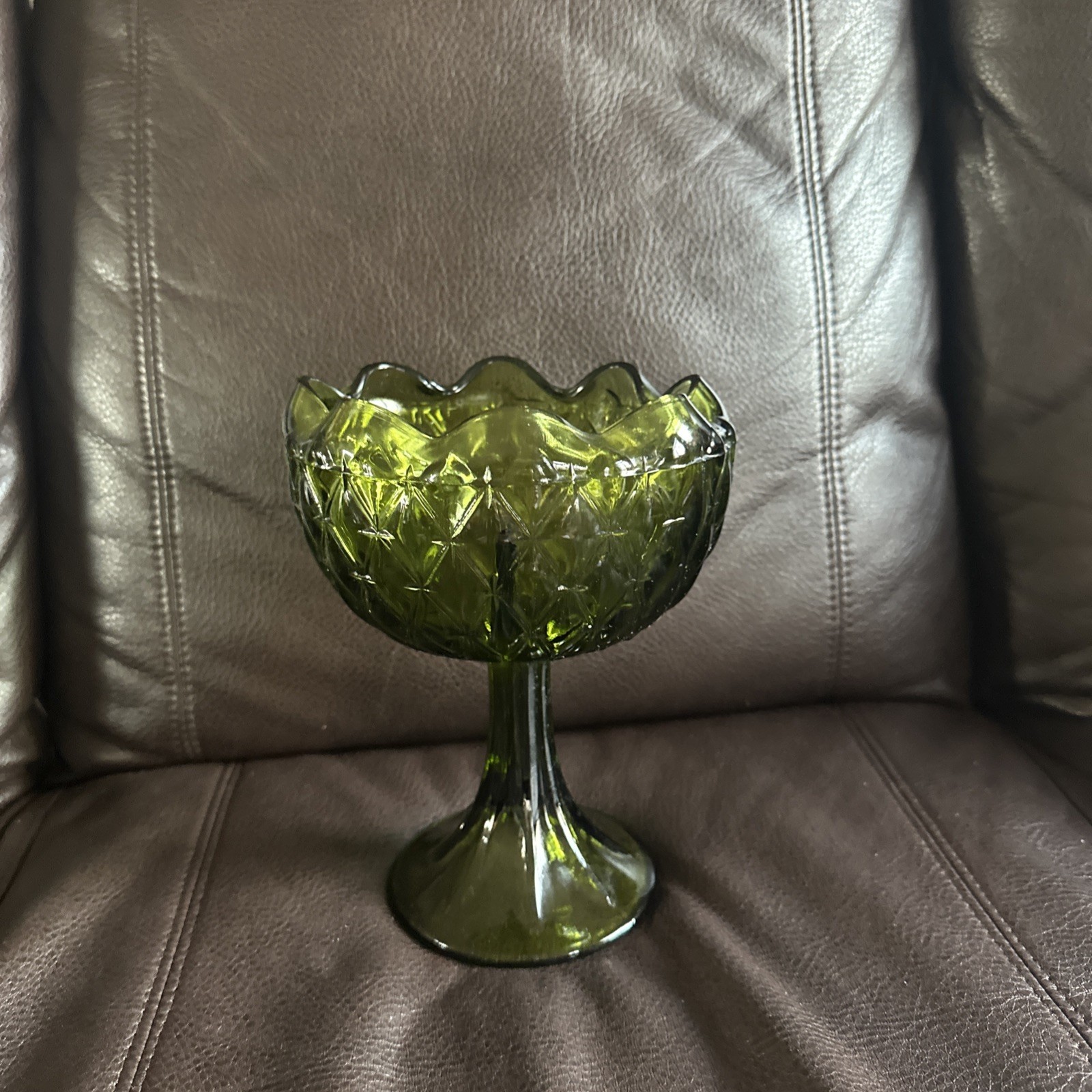 Vintage Indiana Glass avocado green ruffled edge pedestal compote bowl with diamond pattern