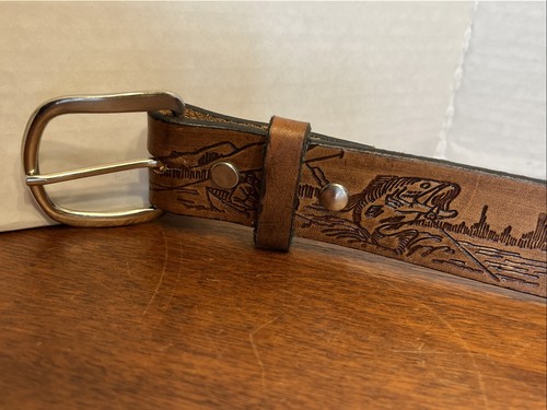 Genuine Leather fishing-themed belt with DAN name embossed approx 36" - 41" - Picture 4 of 12