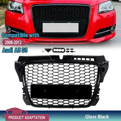 For 2008-12 Audi A3 S3 8P RS3 Style Front Bumper Grille Glossy Black Grill Mesh