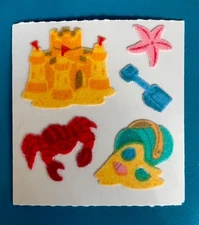 RARE VTG SANDYLION 80s FUZZY BEACH Sandcastle, Starfish, Crab & Toys STICKER NOS