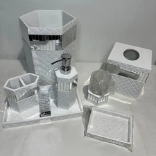 7 Piece Quilted Mirror White Bathroom Accessories Set, Trash, Tissue Cover, Soap