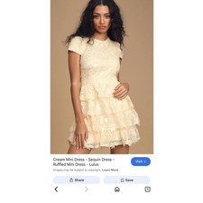 Lulus Dress Women's XS White Sequin Rosette Mesh Ruffle Tiered Mini Short Sleeve