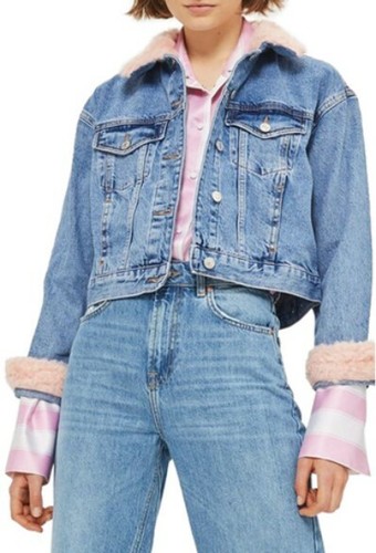 TOPSHOP Tilda Faux Fur Crop Denim Jacket Sz: 12 US -- $95 now $39.95 (58% OFF) - Picture 2 of 7