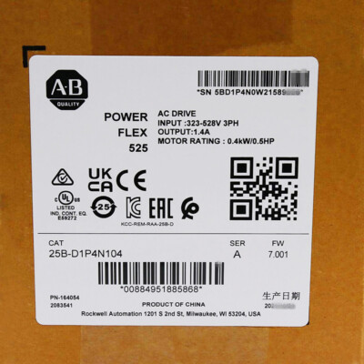 Allen-Bradley 25B-D1P4N104 PowerFlex 525 0.4kW (0.5Hp) AC Drive