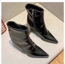 Womens Pointed Toe Leather Mid Calf Boots Side Zippers High Heels Dress Boots Sz