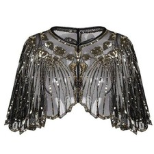 Lady Sequin Cardigan Open Shrug Poncho Bolero Cape Tops Poncho 1920s Retro Blue