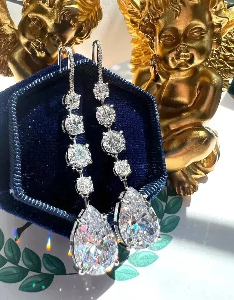 3Ct Pear Cut Lab Created Diamond Women Drop Dangle Earring 14K White Gold Plated - Image 2 of 4