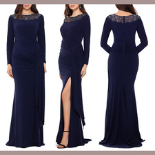 NWD $258 XSCAPE Beaded Neck Long Sleeve Ruched Jersey Gown Navy [SZ 2 ] #G749
