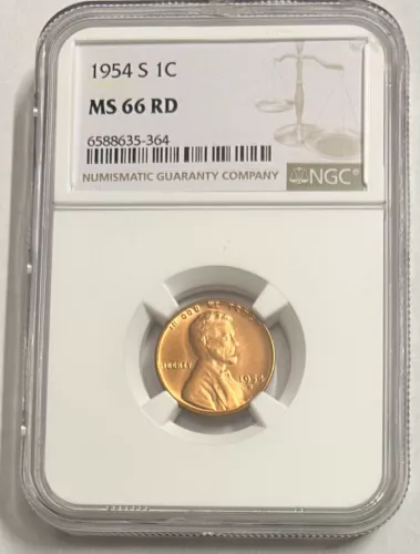 1954-S MS66 RD RED, NGC GRADED COIN, CERTIFIED WHEAT CENT GOOD YEAR