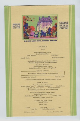1952 Canadian National Ry SS Prince Rupert Fort Gary Hotel Winnipeg Menu