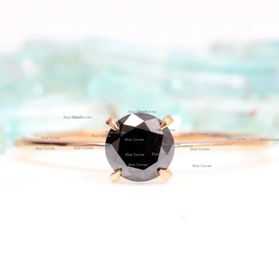 Anillo solitario genuino banda diamante negro sólido oro rosa de 14 k joyería hecha a mano Foto 2 de 3