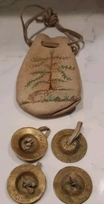 Engraved Brass Finger Cymbal M,IN,SYRIA Vintage Handmade Leather Painted Pouch