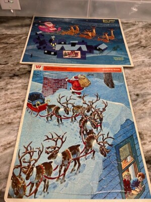 Vintage Puzzles Here Comes Santa By Watkins Strathmore & Night B4 Xmas 1970