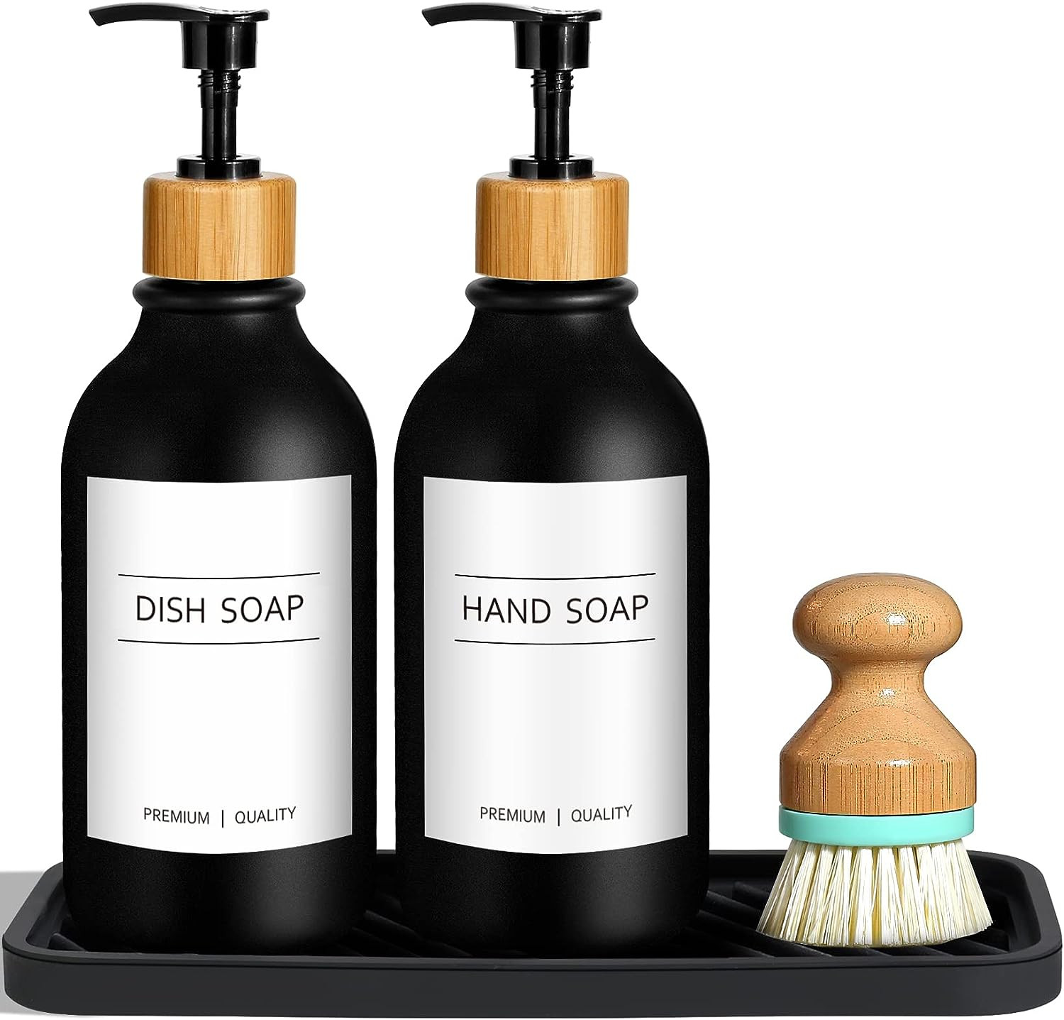 Black Hand and Dish Soap Dispenser Set with Tray, 500 ML Plastic Kitchen Sink So