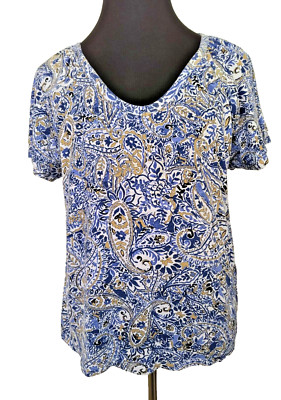 Rafaella Pullover Top Women's Sie XL Blue White Tan Boho Floral Short Sleeves