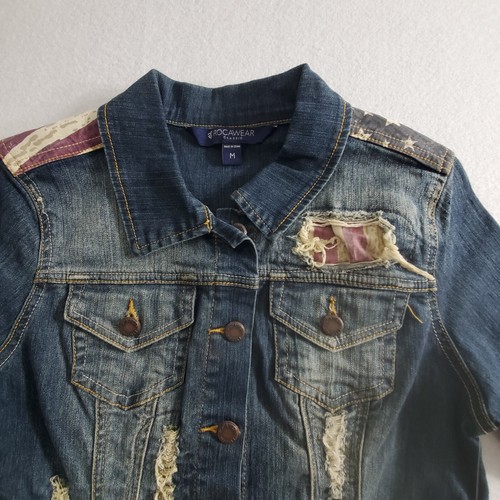 NWT Rocawear Jean Jacket Girls Medium Blue Dark Wash Denim Patches USA Flag Logo - Picture 2 of 10