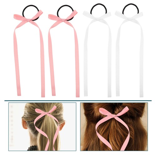 2 Pairs Hair Ties With Ribbon Bows Elastic Hair Bands Girls Braids And Ponytail - Picture 8 of 12